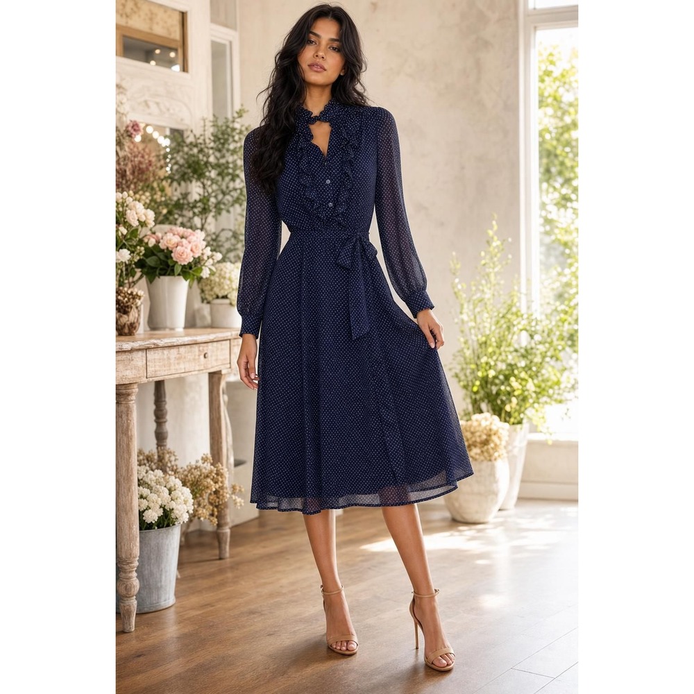 Banana Republic Petite Midi Dress Women's XXS Navy Polka Dot Ruffle Romantic